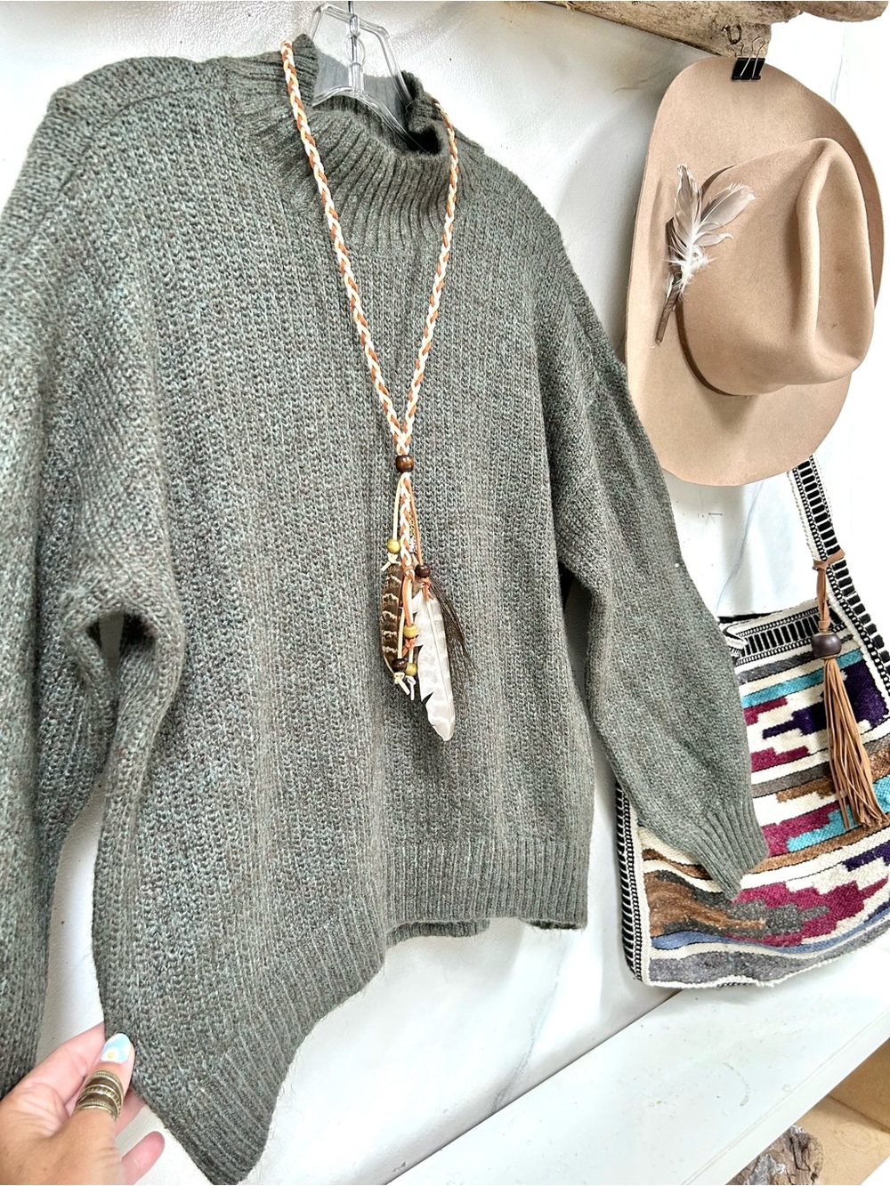 Olive wool blend Knit mock neck boho Sweater w cottagecore prairie Country vibe